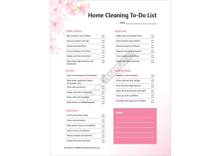 Home Cleaning To-do list template for MS Word