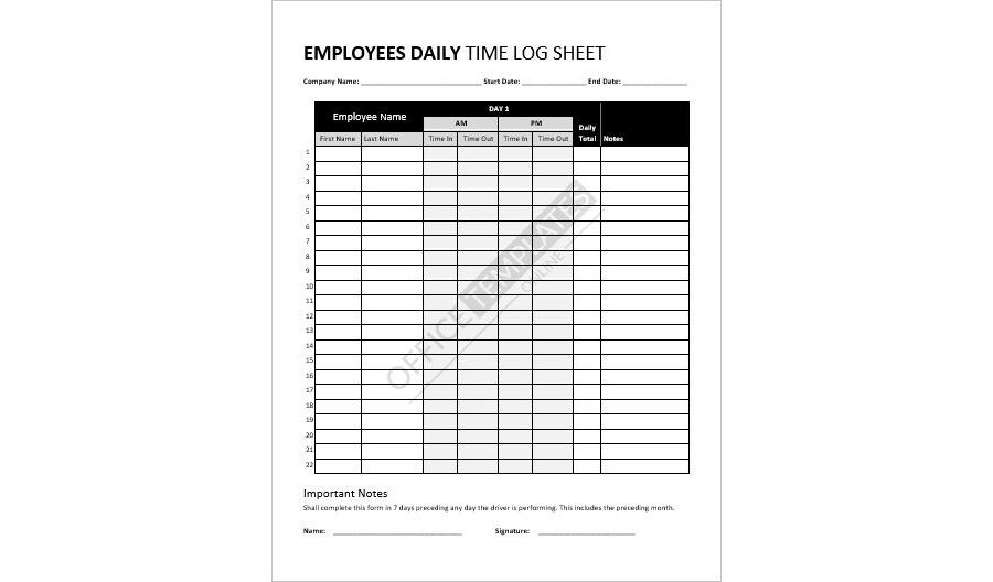 Multiple Employees Time Log Sheet Template