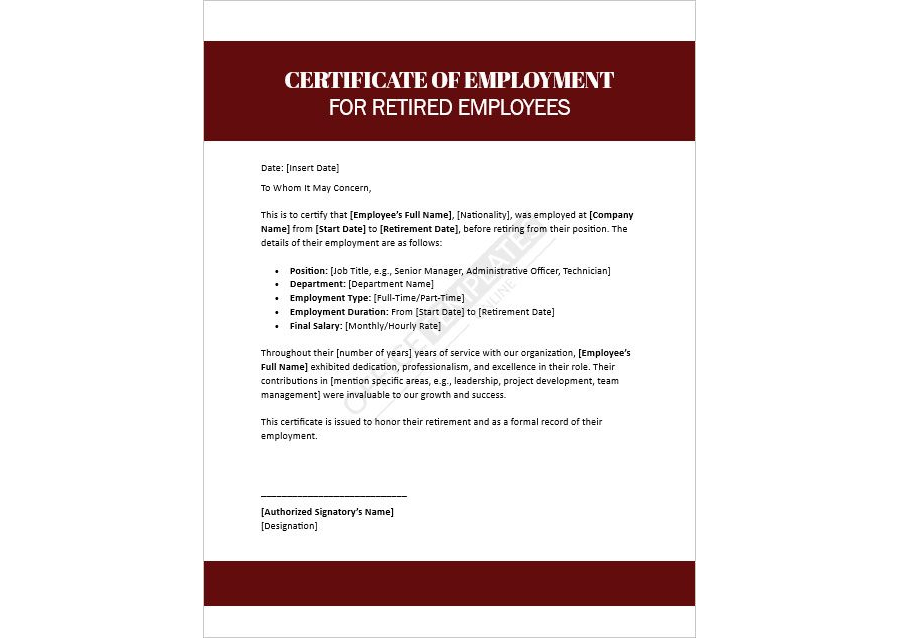 Certificate of Employment Template for Retired Employees