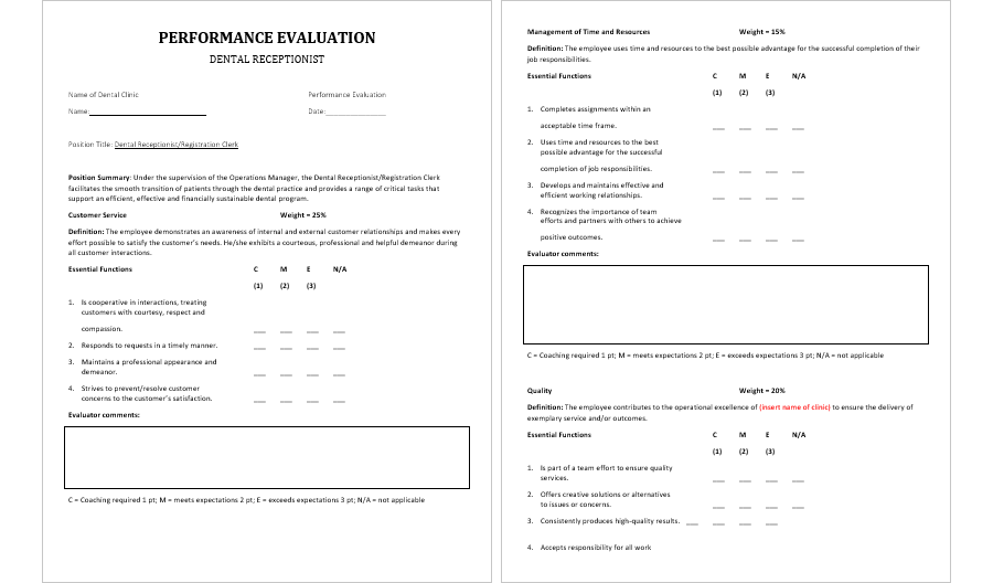 Performance Evaluation Form for Dental Receptionist