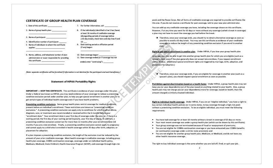 Download Insurance Certificate of Group Health Plan Coverage in MS Word