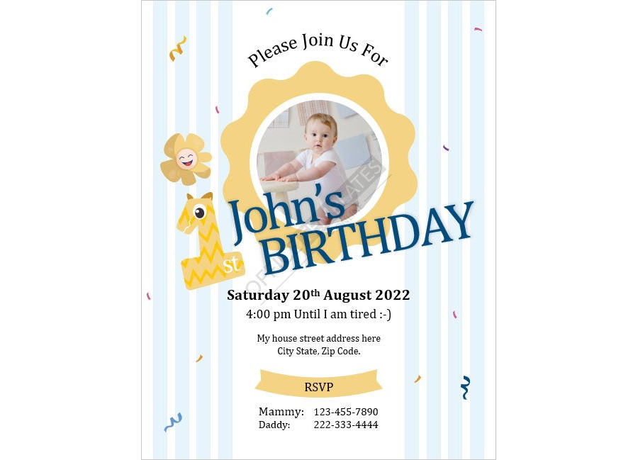 MS Word Invitation Card Template for Baby Boy's First Birthday
