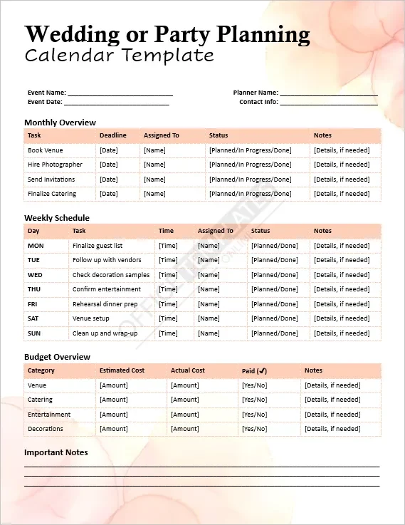 Wedding or Party Planning Calendar Template