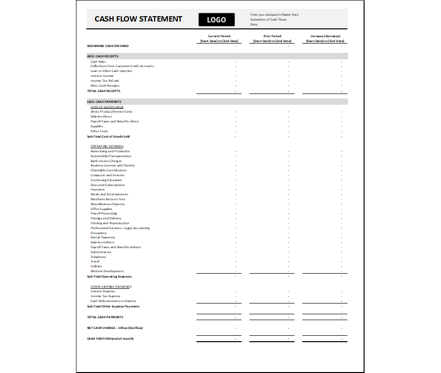 Download Cash Flow Statement Template for MS Excel