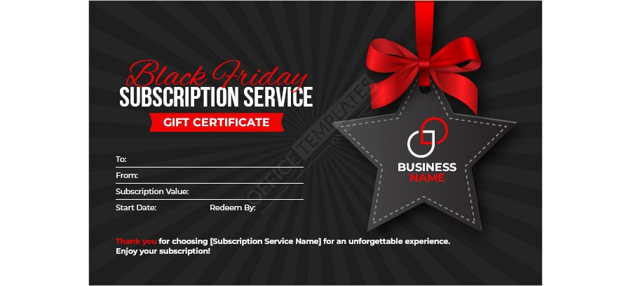 Black Friday Subscription Service Gift Certificate Template