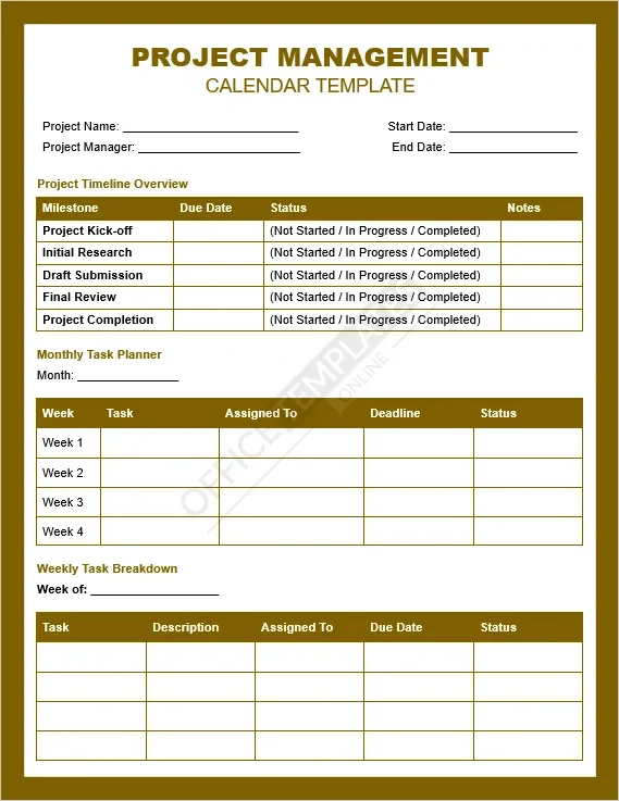 Project Management Calendar Template