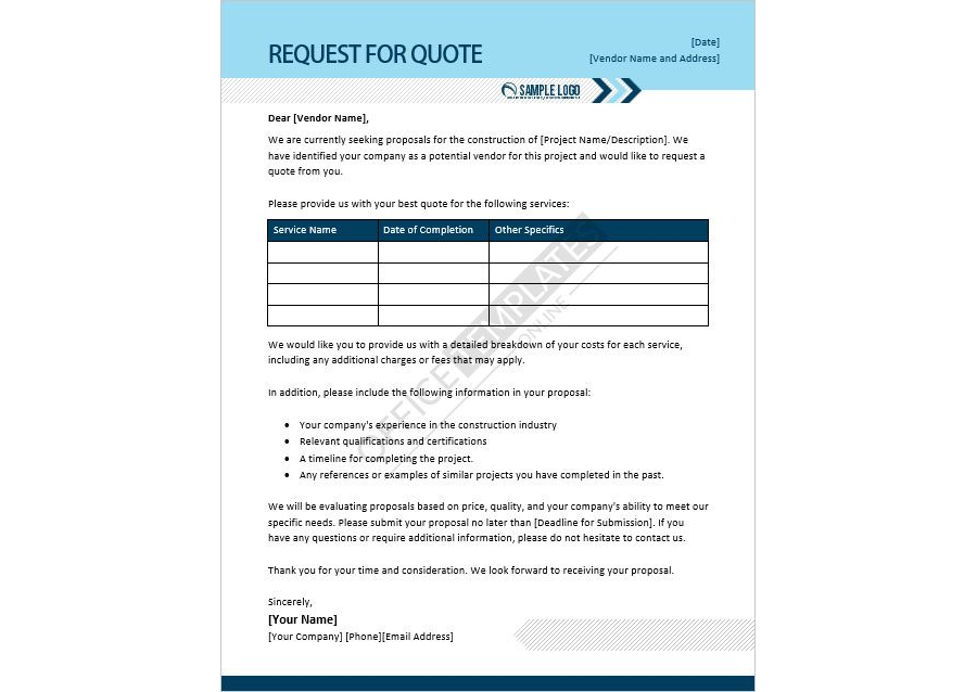Download Construction RFQ Template in MS Word Format