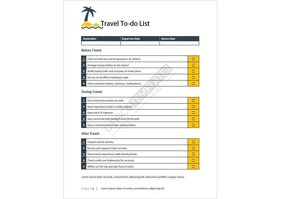Travel Checklist/To-do List Template in MS Word