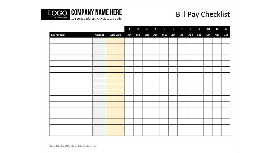 Download Bill Payments Checklist Template for Whole Year - MS Word Version