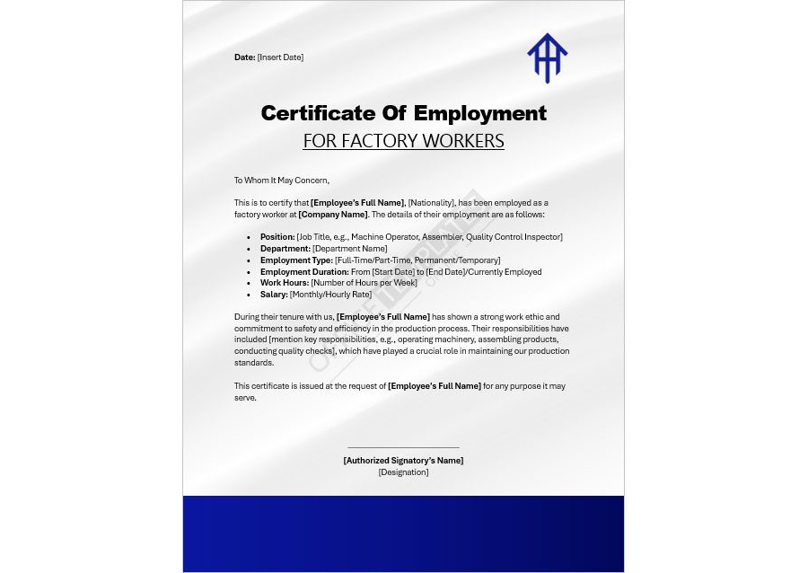 Certificate of Employment for Factory Workers