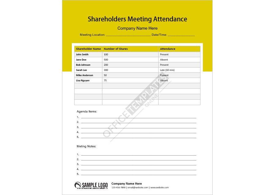 Shareholders Meeting Attendance Sheet Template in MS Word