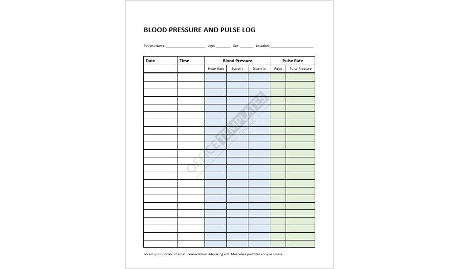 Blood Pressure and Pulse Rate Reading Chart Template in MS Word
