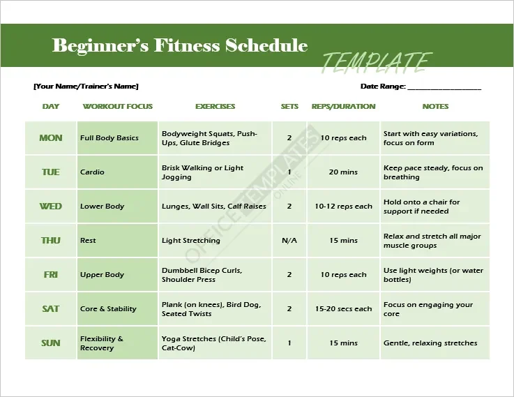 Beginner&rsquo;s Fitness Schedule Template