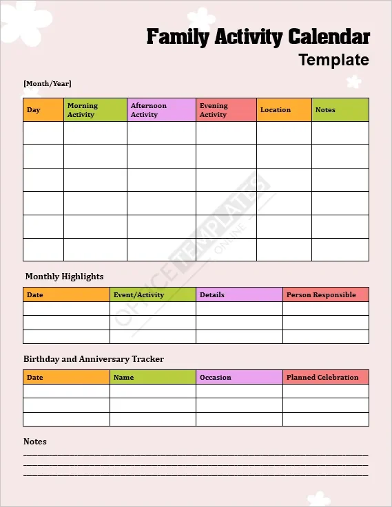 Family Activity Calendar Template