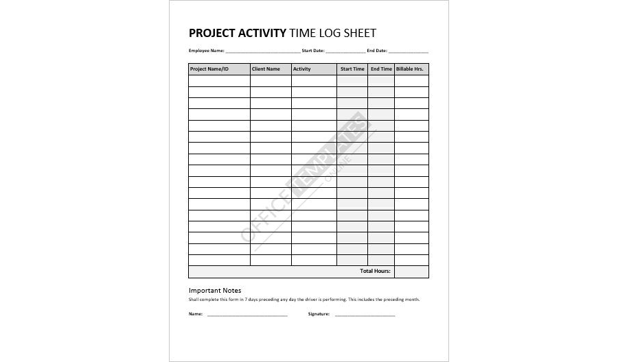 Project Time Log Sheet Template in MS Word