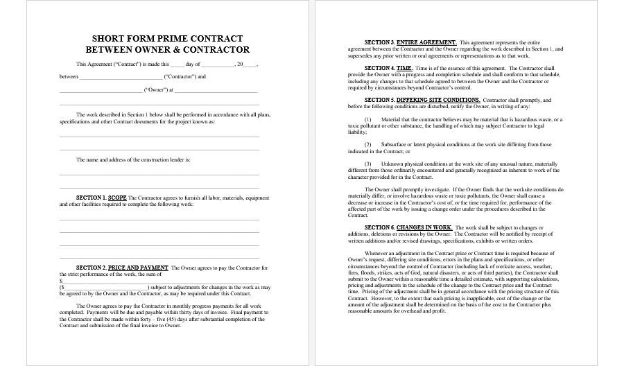 Contract between owner and contractor short form