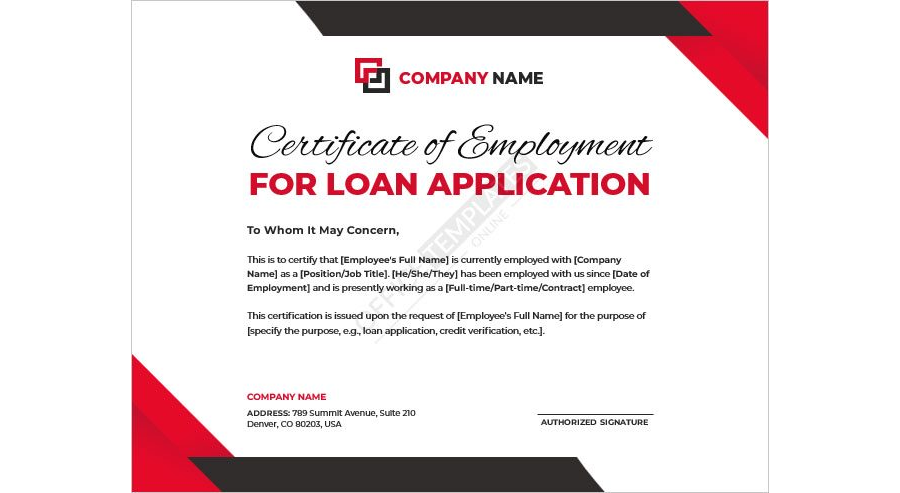 Certificate of Employment Template for Loan Application