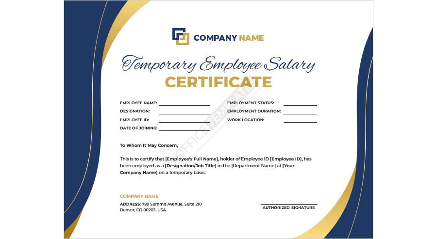 Temporary Employee Salary Certificate Template