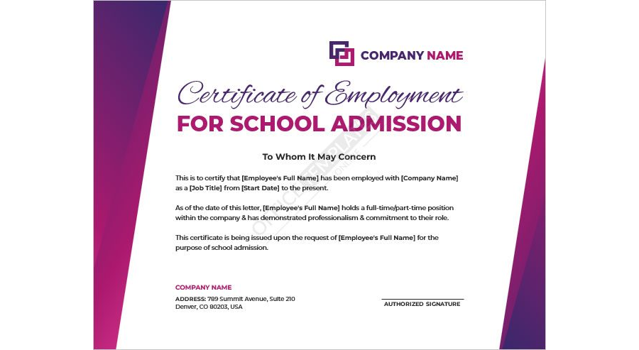 Certificate of Employment Template for School Admission