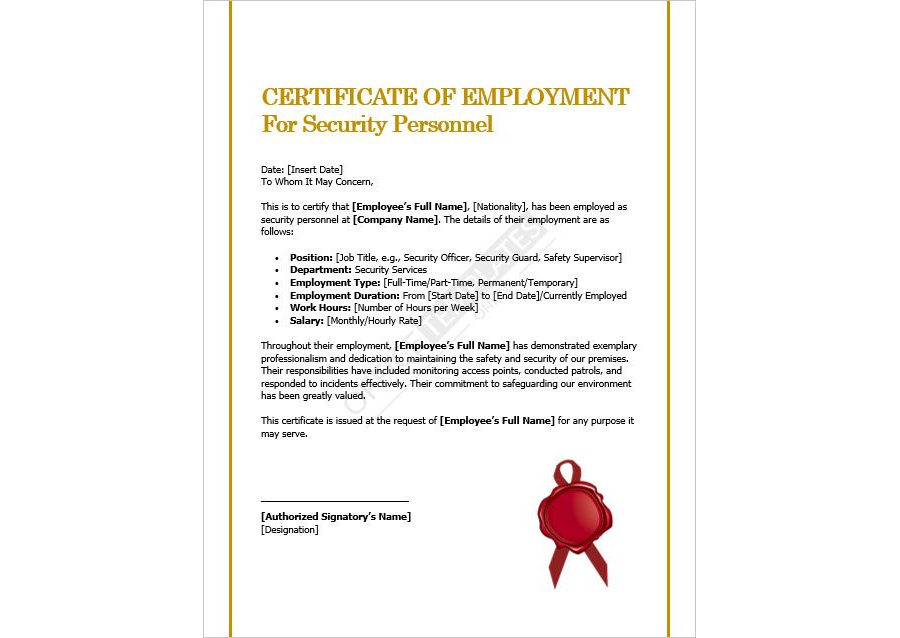 Certificate of Employment Template for Security Personnel