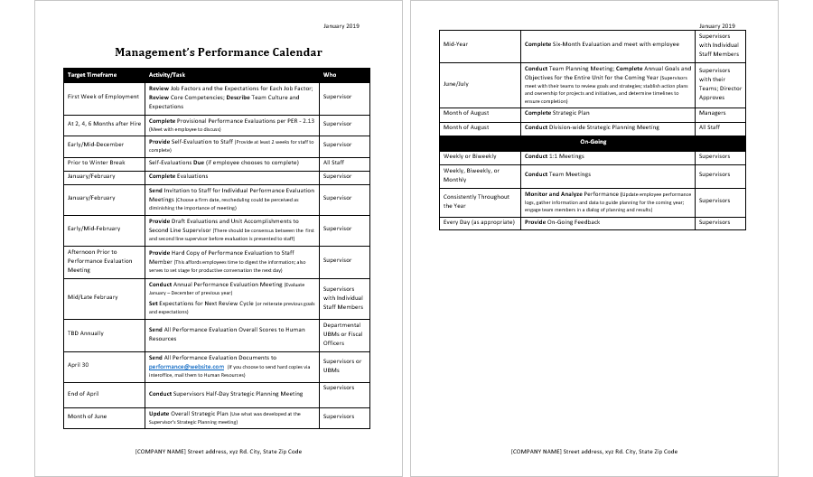MS Word Management Performance Calendar
