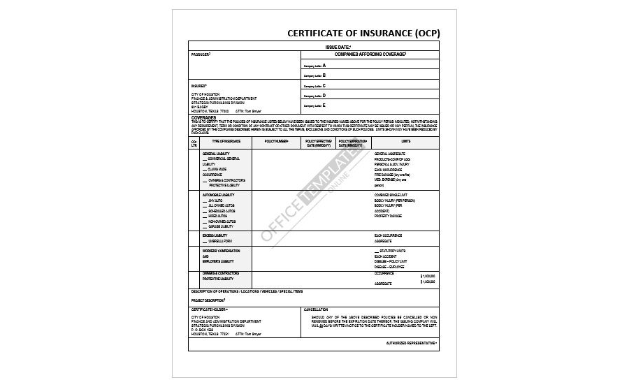 Download Owner and Protective (OCP) Insurance Certificate Template
