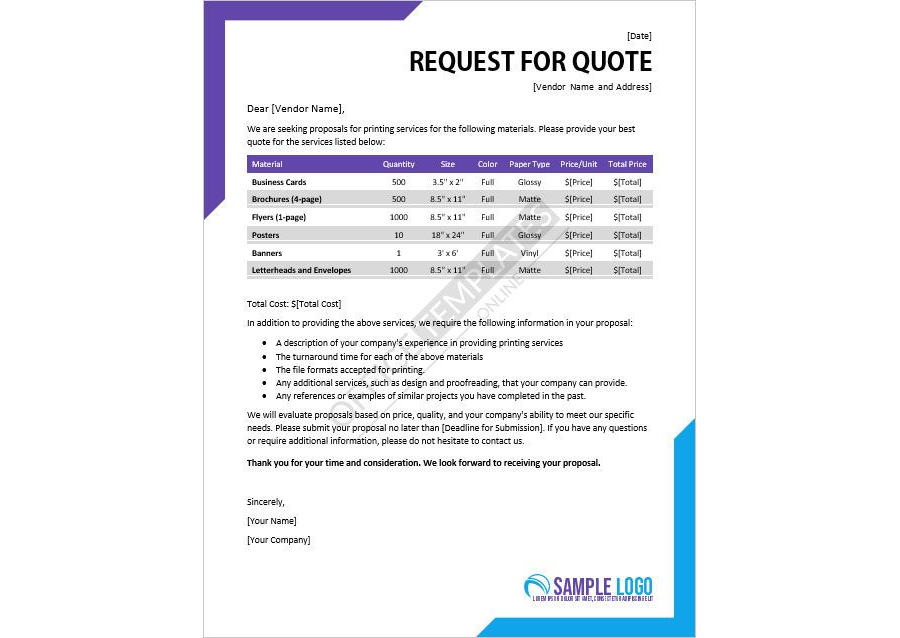 Download Printing Services RFQ Template in MS Word Format