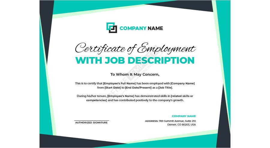 Certificate of Employment Template with Job Description