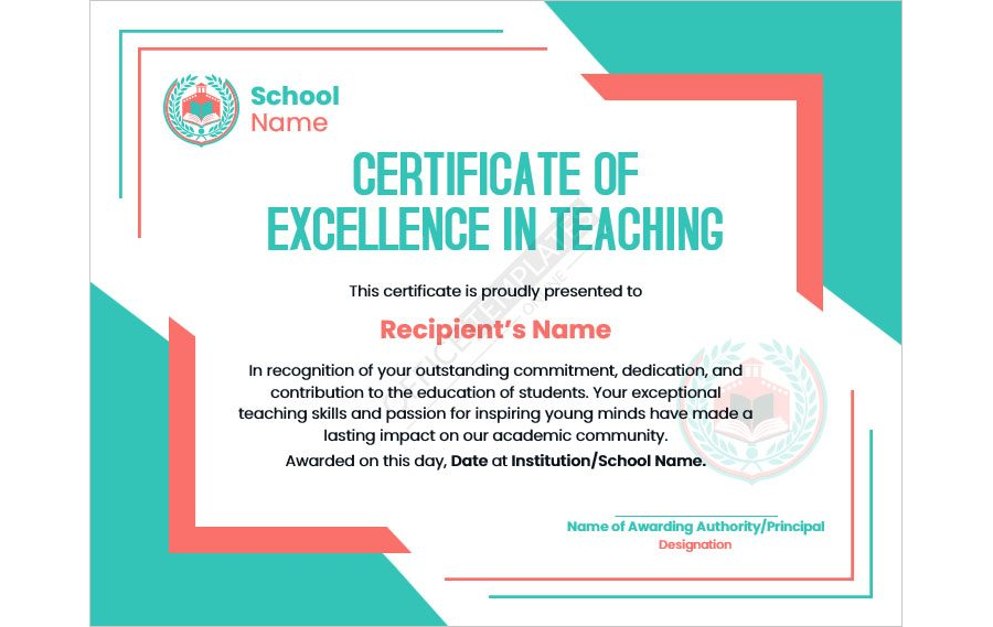 Certificate of Excellence in Teaching Template