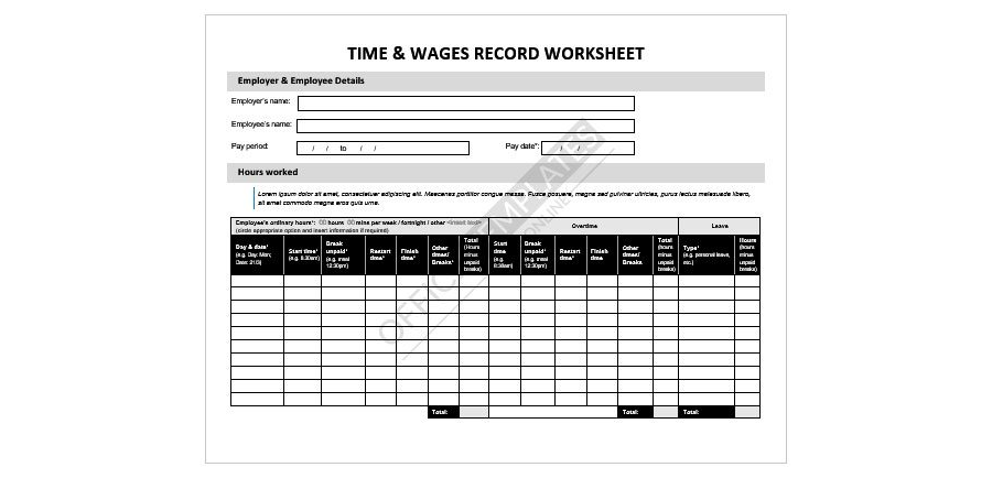 Weekly Time and Wages Record Worksheet