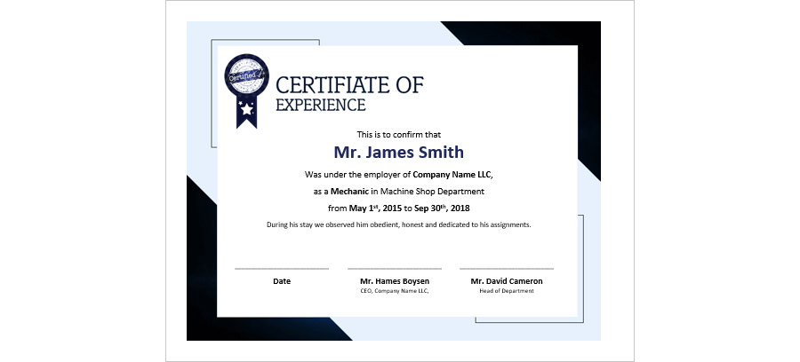 MS Word Certificate of Experience