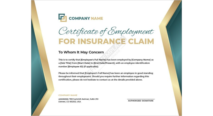 Certificate of Employment for Insurance Claim