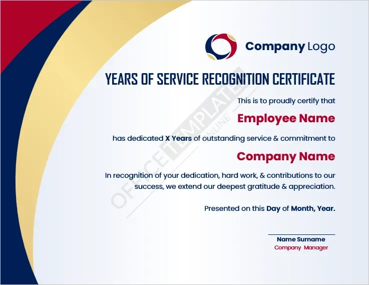 Years of Service Recognition Certificate Template