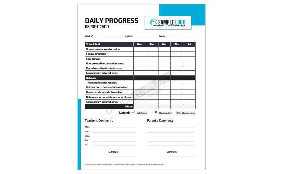 Download Customizable Daily Progress Report Card Sample for Microsoft Word