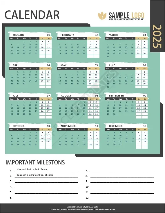 Calendar 2025 Template with Important Milestones in MS Word