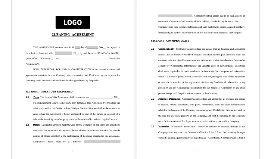 Cleaning Agreement Contract Template for MS Word