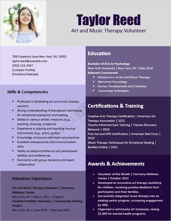Art and Music Therapy Volunteer Resume Template