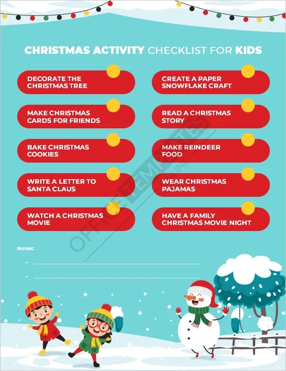 Christmas Activity Checklist for Kids Template