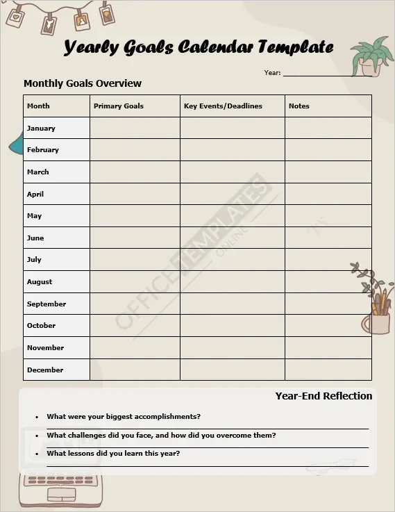 Yearly Goals Calendar Template