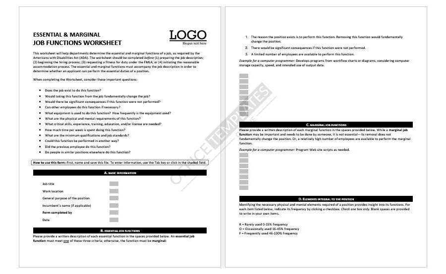 Essential & Marginal Job Functions Worksheet