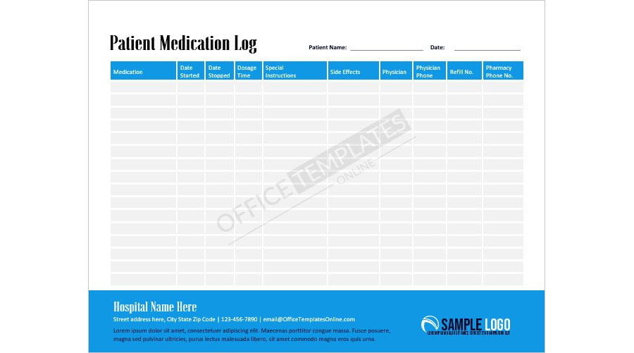 Medication Log Sample Template for MS Word