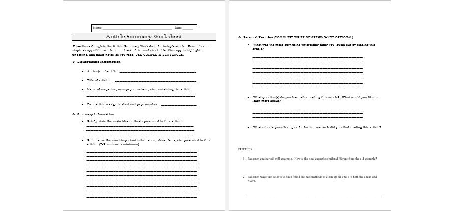 Article Summary Worksheet Template in MS Word Format