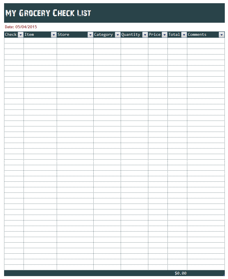 excel shopping list template