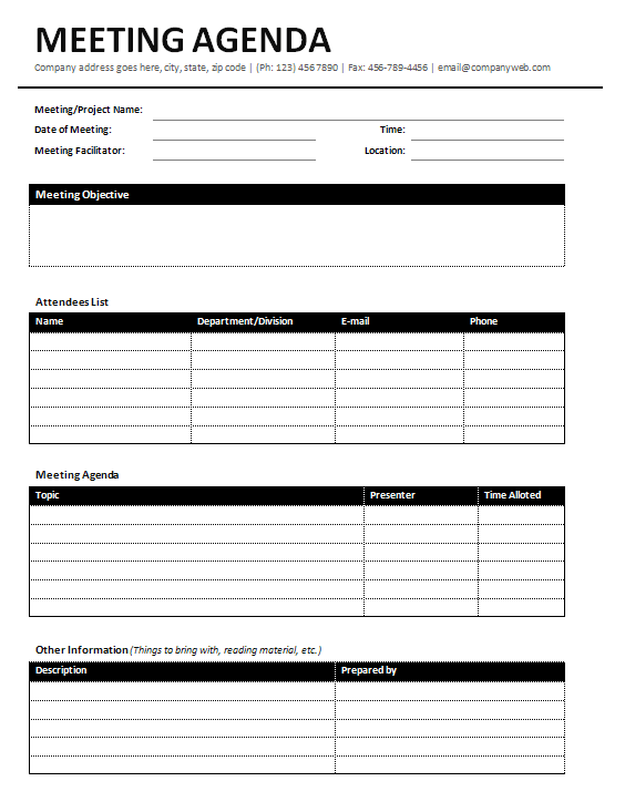 meeting agenda excel template