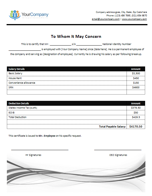 salary certificate template