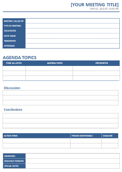 meeting minute template excel