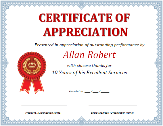 sample template of certificate of appreciation