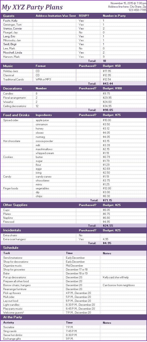 Download FREE MS Excel Party or Event Planner Template