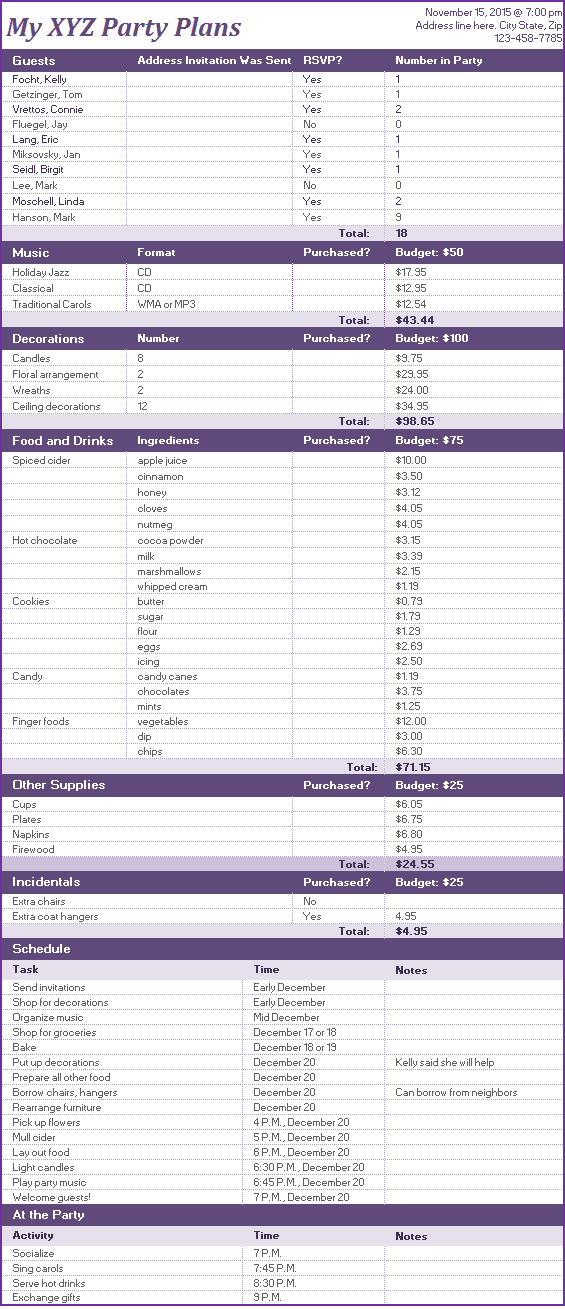 Party Excel Template