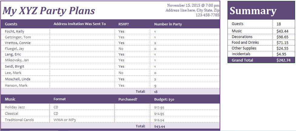 Ms Excel Event Or Party Planner Office Templates Online